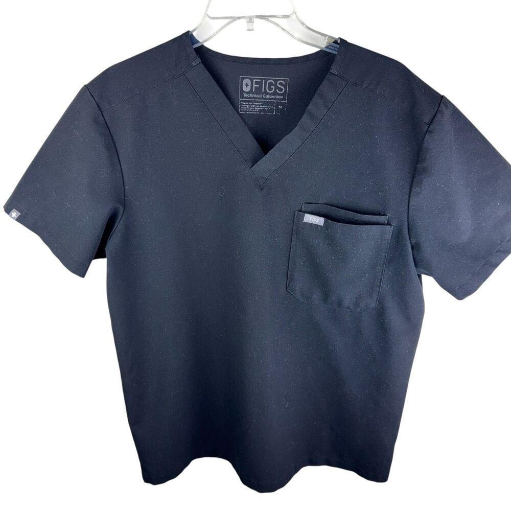 Figs Scrub Shirt Women's‎ M Black Pocket V Neck Short Sleeve Technical